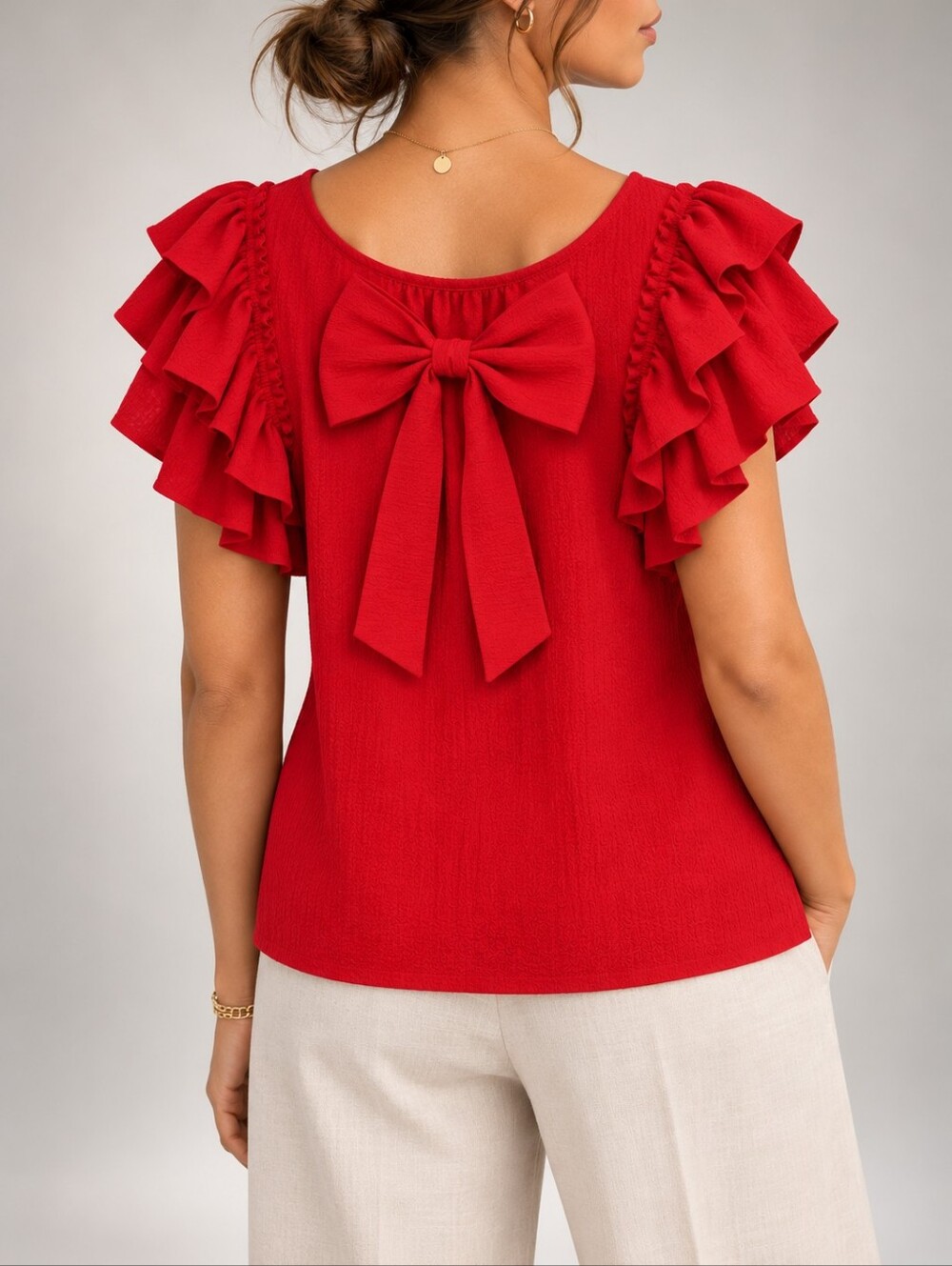 Falechay Red Textured Ruffle Sleeve Statement Bow Back Blouse NWT